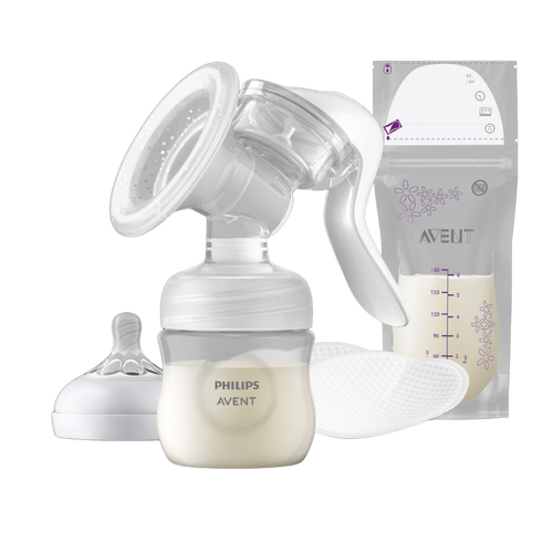 Philips Avent manual breast pump with a microwave sterilizer bag, showing the pump, bottle, and silicone flange components.