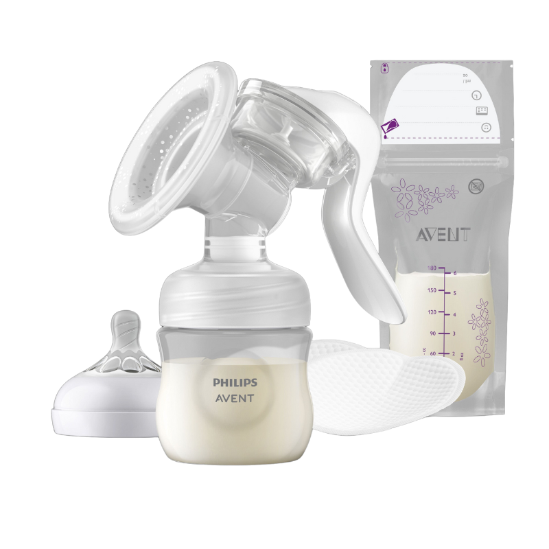 Philips Avent manual breast pump with a microwave sterilizer bag, showing the pump, bottle, and silicone flange components.