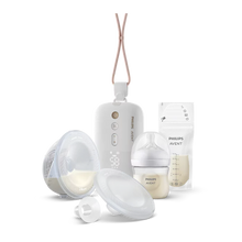 Load image into Gallery viewer, Philips Avent hands-free electric breast pump set with motor unit, collection cup, bottle, cushion, flange insert, and milk storage bag.
