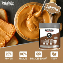 Load image into Gallery viewer, A marketing image for Vitaldin Sport All Natural Peanut Butter (Smooth). The top view shows a jar of creamy peanut butter with a spoon swirling through it, next to slices of bread. Below the jar are four icons highlighting product features: 26% Protein, 100% Peanuts, No Added Sugar, and Vegan. A "SMOOTH" label is prominently displayed in the top right.
