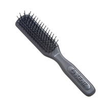 Load image into Gallery viewer, A black cushioned paddle brush with a handle, designed for grooming and straightening hair.
