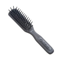 Load image into Gallery viewer, A black cushioned paddle brush with a handle, designed for grooming and straightening hair.
