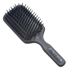 Load image into Gallery viewer, A black cushioned paddle brush with a handle, designed for grooming and straightening hair.
