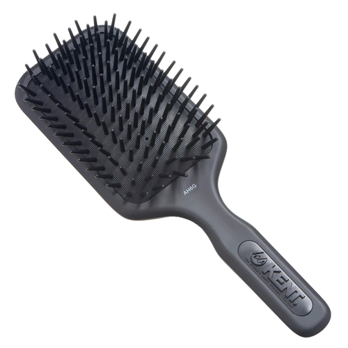 A black cushioned paddle brush with a handle, designed for grooming and straightening hair.
