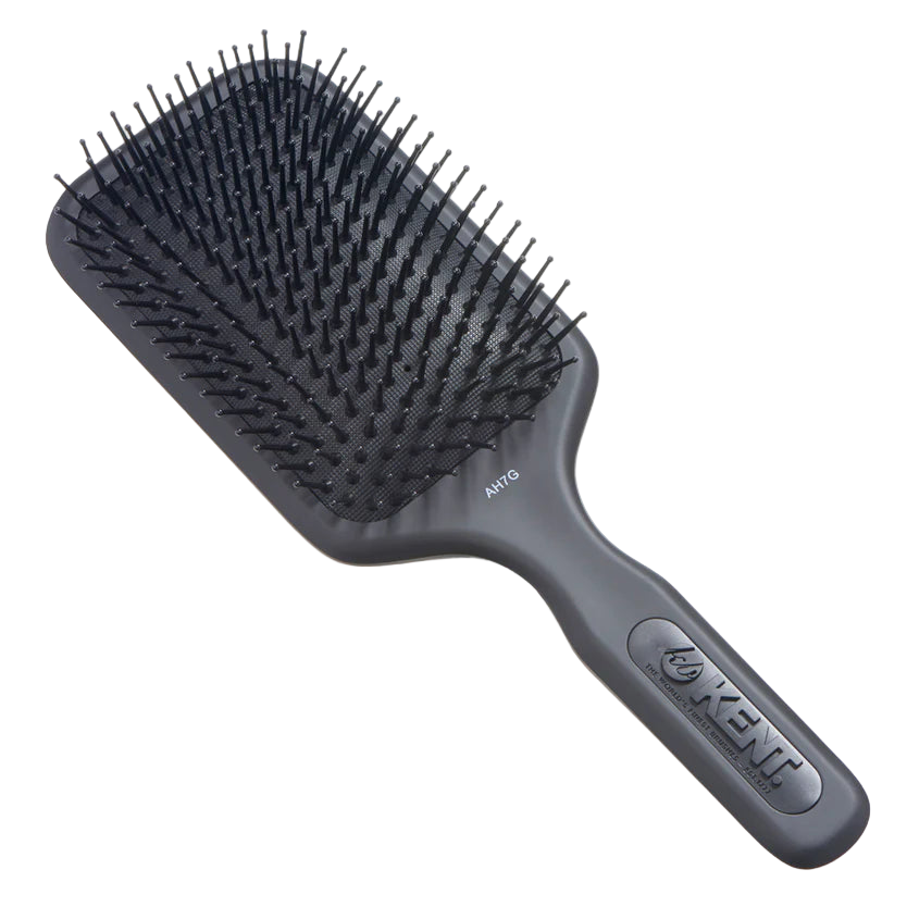 Kent AH7G black paddle hairbrush with cushioned pad and soft nylon quills. Ideal for detangling, smoothing, and styling all hair types.
