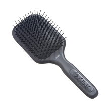 Load image into Gallery viewer, A black cushioned paddle brush with a handle, designed for grooming and straightening hair.
