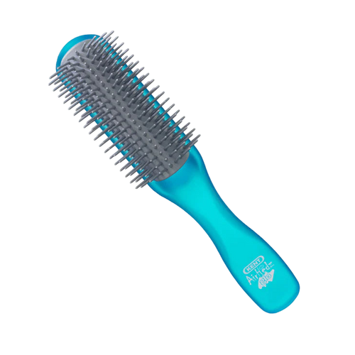 A blue and gray half-round brush with soft bristles designed for detangling and smoothing hair.