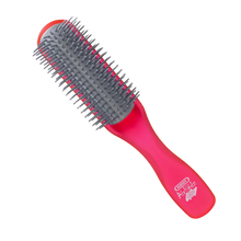 Load image into Gallery viewer, Kent AirHedz Glo neon pink styling hairbrush with a grey cushioned base and flexible plastic quills, isolated on a black background.
