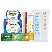 Load image into Gallery viewer, Men’s wellness gift set featuring multivitamins, cooling recovery gels, vitamin C supplements, and a Kent grooming comb presented in a ready-to-gift box for everyday health and performance support.
