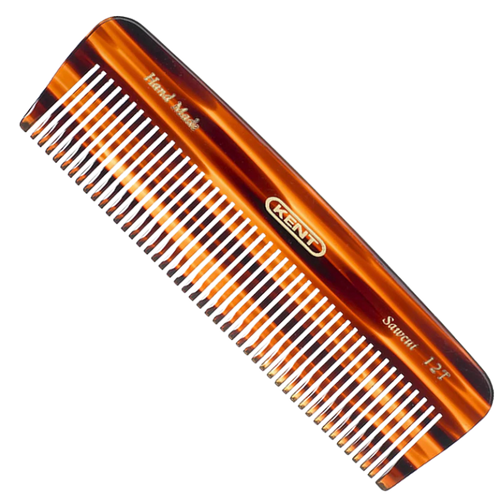 Kent Hand-Made Saw-Cut Comb (Model 12T) in a classic tortoiseshell finish. The smoothly rounded teeth ensure gentle detangling and non-scratch grooming for fine to medium hair.