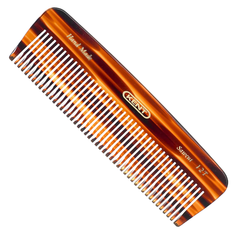 Kent Hand-Made Saw-Cut Comb (Model 12T) in a classic tortoiseshell finish. The smoothly rounded teeth ensure gentle detangling and non-scratch grooming for fine to medium hair.