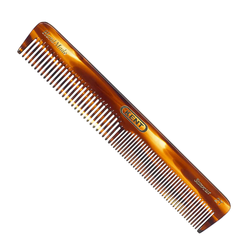 Kent Hand-Made Saw-Cut Comb (Model 2T) in a classic tortoiseshell finish. The combination of wide and fine teeth is perfect for general hair styling, detangling, and providing a smooth, static-free finish.