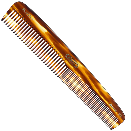 Kent Hand-Made Saw-Cut Comb (Model 9T) in a classic tortoiseshell finish. A medium-sized comb with tapered teeth for everyday grooming and static-free styling of short to medium hair.