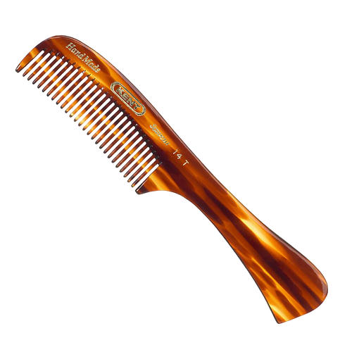 Kent Hand-Made Saw-Cut Comb with Handle (14T) in a classic tortoiseshell finish. The rounded, tapered teeth provide smooth, static-free grooming and are perfect for detangling wet hair.