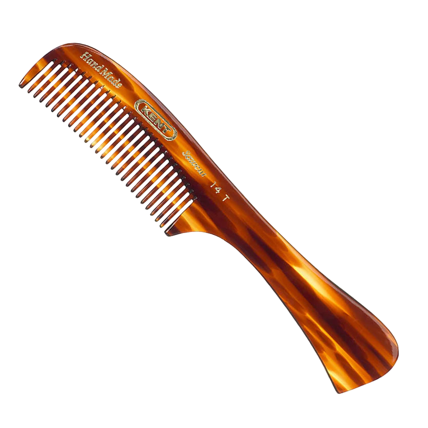 Kent Hand-Made Saw-Cut Comb with Handle (14T) in a classic tortoiseshell finish. The rounded, tapered teeth provide smooth, static-free grooming and are perfect for detangling wet hair.