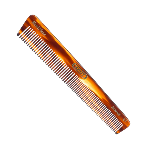 Kent Hand-Made Saw-Cut Pocket Comb (Model 4T) in a classic tortoiseshell finish. Its small size is perfect for travel, pocket carry, and grooming beards and mustaches.