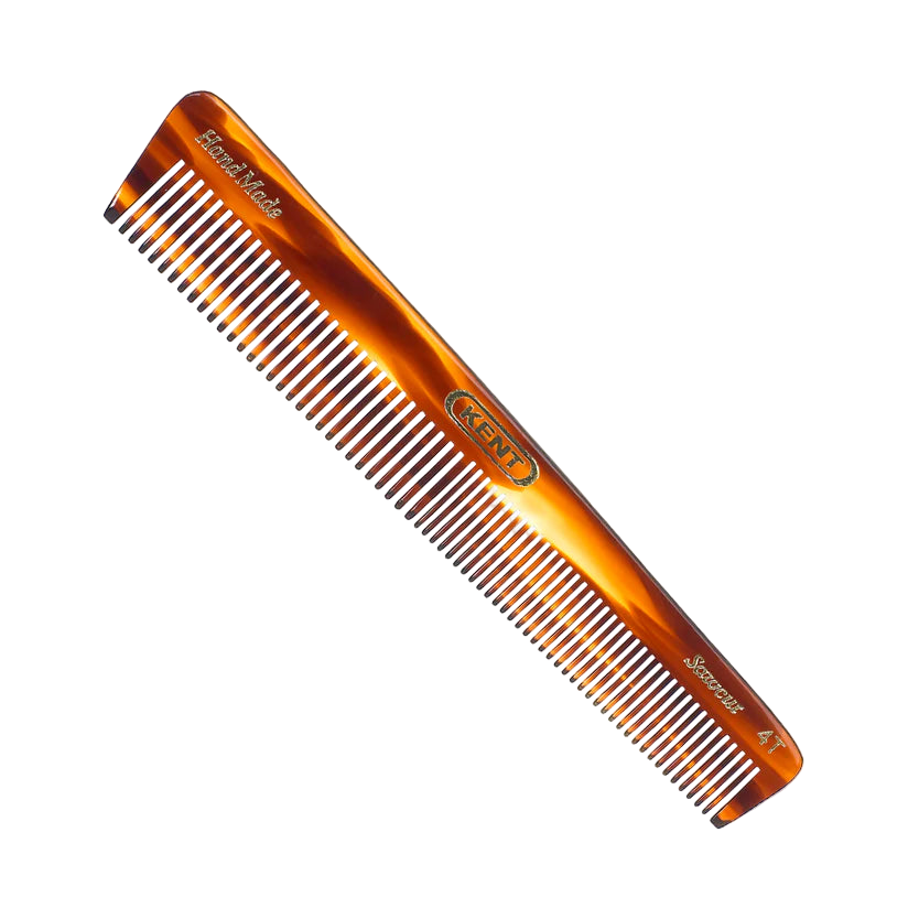 Kent Hand-Made Saw-Cut Pocket Comb (Model 4T) in a classic tortoiseshell finish. Its small size is perfect for travel, pocket carry, and grooming beards and mustaches.