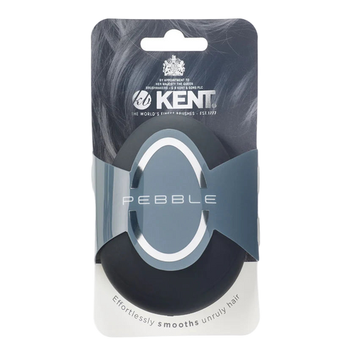 Kent Pebble Black Detangling Brush shown in retail packaging. Designed to effortlessly smooth unruly hair using a compact, ergonomic design.