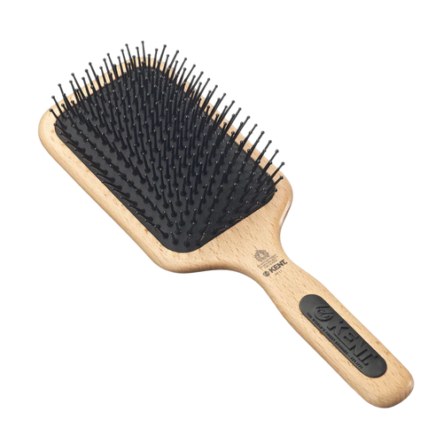 Kent PF17 Natural Wood Paddle Hairbrush with black cushioned quills. Excellent for gentle detangling, smoothing, and scalp massage for all hair lengths and types.