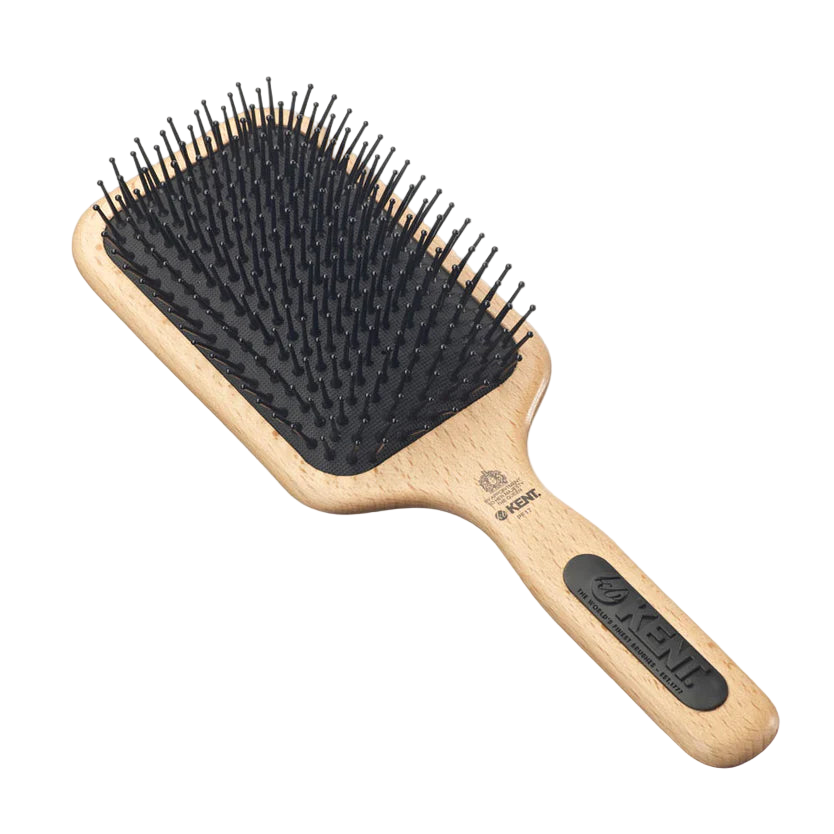 Kent PF17 Natural Wood Paddle Hairbrush with black cushioned quills. Excellent for gentle detangling, smoothing, and scalp massage for all hair lengths and types.