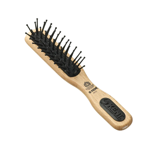Kent PF21 Small Natural Wood Rectangular Brush with black nylon quills. Ideal for travel, gentle grooming, and detangling shorter hair, beards, or children's hair.