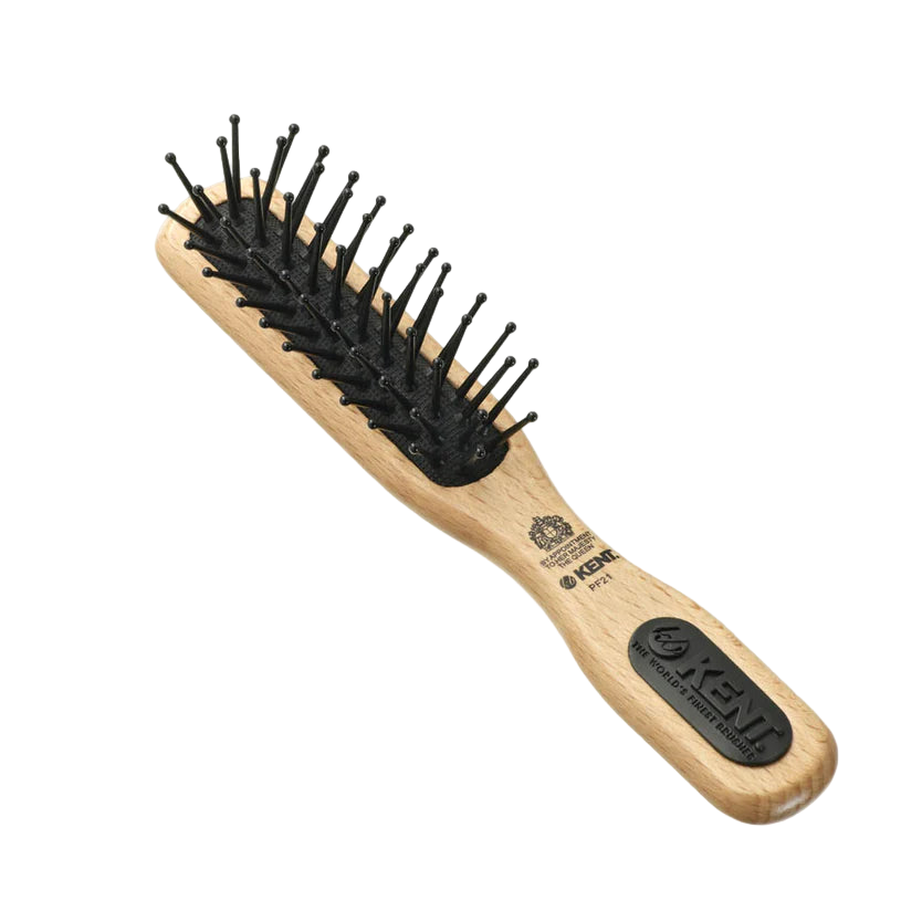 Kent PF21 Small Natural Wood Rectangular Brush with black nylon quills. Ideal for travel, gentle grooming, and detangling shorter hair, beards, or children's hair.