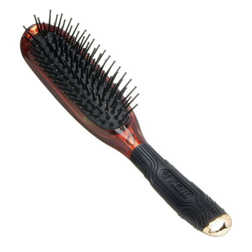 Kent Tortoiseshell Detangling and Styling Brush with a cushioned head and flexible quills. Features a stylish tortoiseshell back and ergonomic black grip for smooth, effortless styling and finishing.