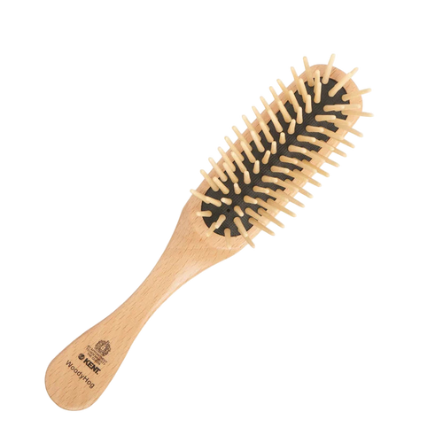 Kent WoodyHog Wooden Pin Cushion Brush. Features a natural wooden handle and rounded wooden pins, ideal for a gentle scalp massage, reducing static, and detangling fine to medium hair.