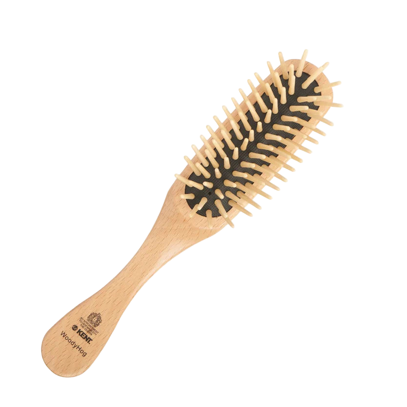Kent WoodyHog Wooden Pin Cushion Brush. Features a natural wooden handle and rounded wooden pins, ideal for a gentle scalp massage, reducing static, and detangling fine to medium hair.
