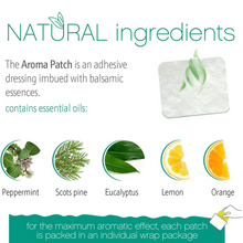 Load image into Gallery viewer,  Medrull Aroma Patch natural ingredients list, including peppermint, Scots pine, eucalyptus, lemon, and orange essential oils.
