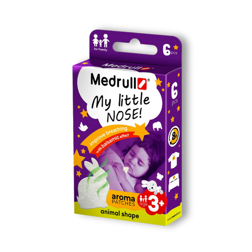 Medrull My Little Nose aroma patches in purple packaging. Animal-shaped patches with a balsamic effect for kids aged 3+.