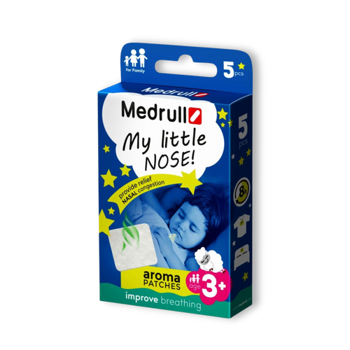 Medrull My Little Nose aroma patches in blue packaging. Provides nasal congestion relief and improves breathing for kids 3+.