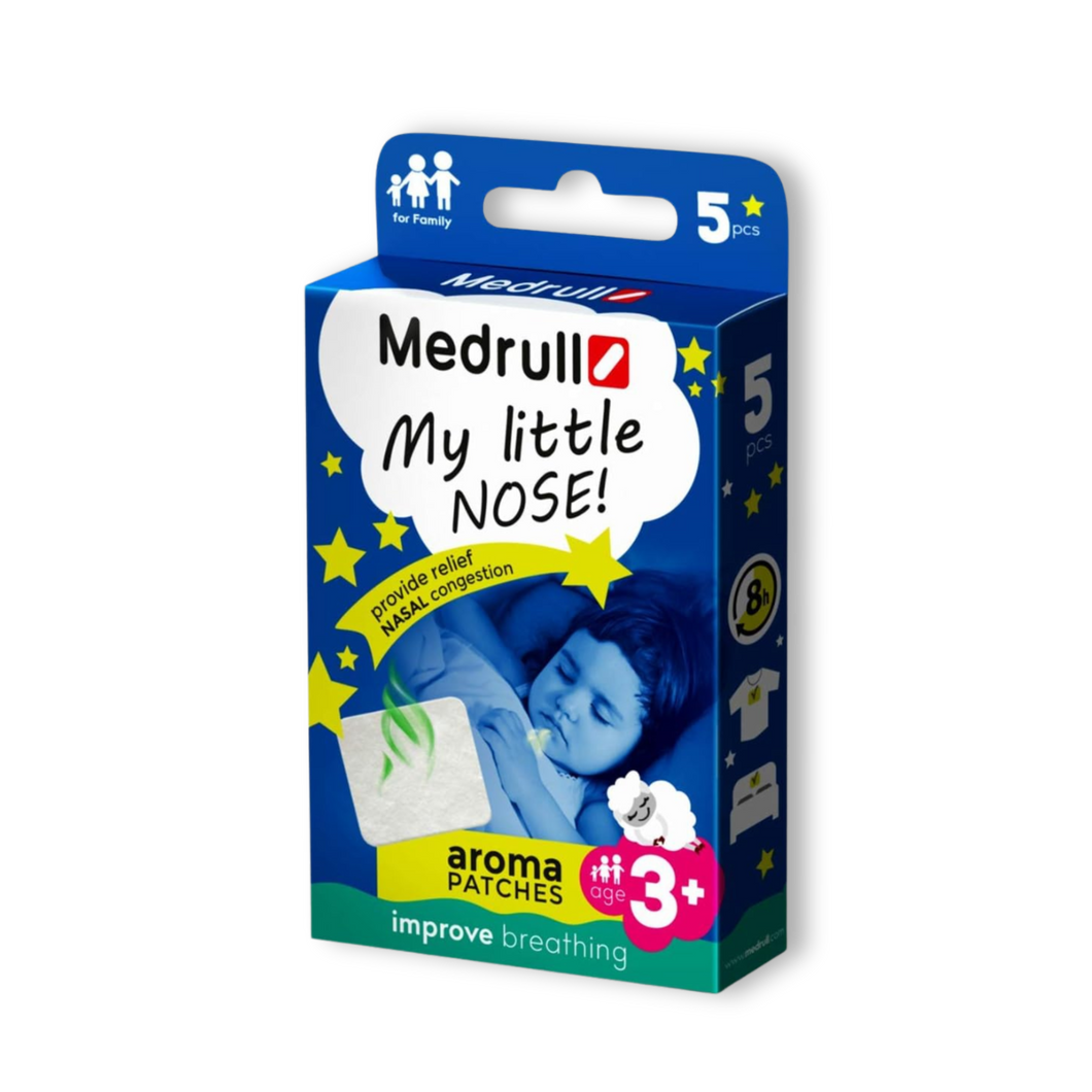 Medrull My Little Nose aroma patches in blue packaging. Provides nasal congestion relief and improves breathing for kids 3+.