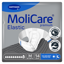 Load image into Gallery viewer, Hartmann MoliCare Premium Elastic day and night protection adult briefs, size Medium (85-120 cm), 10 drops max absorbency, pack of 14.
