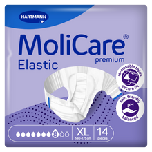 Load image into Gallery viewer, Hartmann MoliCare Premium Elastic adult incontinence slip box, size Extra Large (140-175 cm), 8 drops absorbency, 14 pieces per pack.
