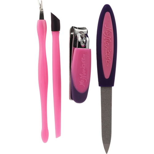 Isolated image of four Ms Manicure essential nail tools in pink and purple. Includes a nail clipper, cuticle pusher/cleaner, and a file for precise at-home manicures and nail care.