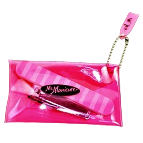 Ms Manicure Portable Manicure Set in a clear pink travel pouch with a keychain. Includes essential nail tools like a file and clipper for quick, on-the-go nail maintenance.