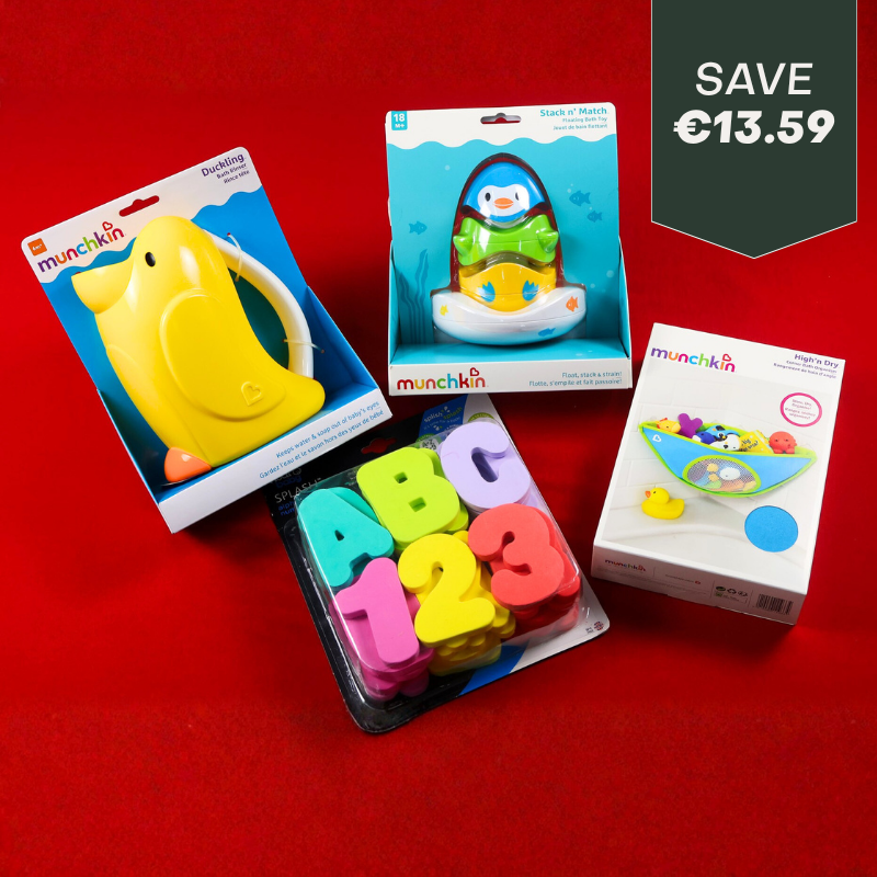 Munchkin bath toys including a yellow Duckling rinse cup, a Stack 'n Match floating penguin toy, ABC 123 foam letters and numbers, and a High 'n Dry bath organizer.