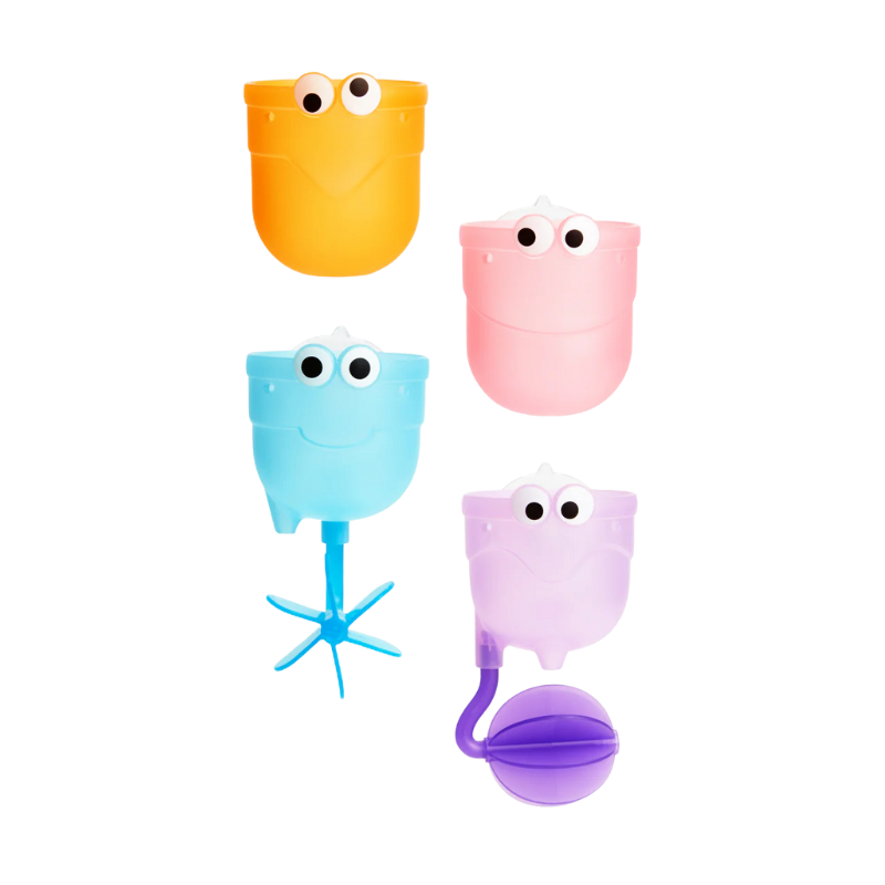 Colorful Munchkin Falls bath toy with four stackable cups in orange, pink, blue, and purple.