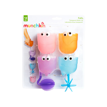 Load image into Gallery viewer, Munchkin Falls Transparent Water Lab bath toy set in original packaging with four colorful cups designed for interactive bath time play
