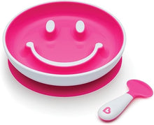 Load image into Gallery viewer, Munchkin Smiley Face Training Plate pink with spoon
