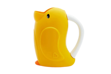 Load image into Gallery viewer, Close-up of a yellow Munchkin Duckling rinse cup with a white handle, used to wash baby&#39;s hair and keep water out of their eyes during bath time.
