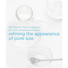 Load image into Gallery viewer, A top-down laboratory-themed image with glass beakers and a metal spatula on a white background. Teal text overlay explains that 15% Glycolic Acid normalizes the skin's exfoliation process, refining the appearance of pore size.
