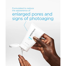 Load image into Gallery viewer, A close-up lifestyle image of a person with deep skin squeezing clear NeoStrata Clarify Gel Plus from a white 125 mL tube onto their fingertips. Teal text above the tube explains the product is formulated to reduce the appearance of enlarged pores and signs of photoaging.
