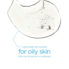 Load image into Gallery viewer, A close-up texture swatch of NeoStrata Clarify Gel Plus, showing a clear, lightweight gel with small air bubbles. Teal text below the swatch states the gel is suitable for oily skin that may be prone to breakouts.
