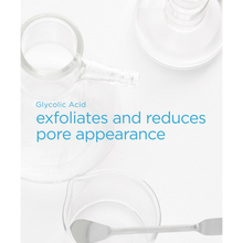 Load image into Gallery viewer, A laboratory-themed image featuring clear glass beakers and a metal spatula on a white surface. Bright blue text overlay states that "Glycolic Acid exfoliates and reduces pore appearance."
