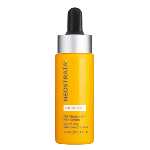 NeoStrata Enlighten 15% Vitamin C + PHA Serum (15mL dropper bottle). A potent serum formulated to help brighten and even skin tone, reduce dark spots, and provide antioxidant protection.