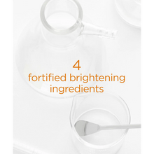 Load image into Gallery viewer, Infographic with lab glassware and text highlighting that the product contains 4 fortified brightening ingredients.
