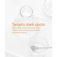 Load image into Gallery viewer, Infographic with lab glassware and text explaining that NeoStrata Dark Spot Corrector targets dark spots with a 10% AHA/PHA exfoliating blend.
