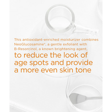 Load image into Gallery viewer, Laboratory glassware with text explaining how NeoGlucosamine and B-Resorcinol reduce age spots and even out skin tone.
